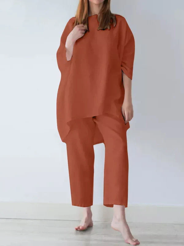 Casual Loose Long Sleeves Solid Color T-Shirt Top&Pants Two Pieces Set - Image 4