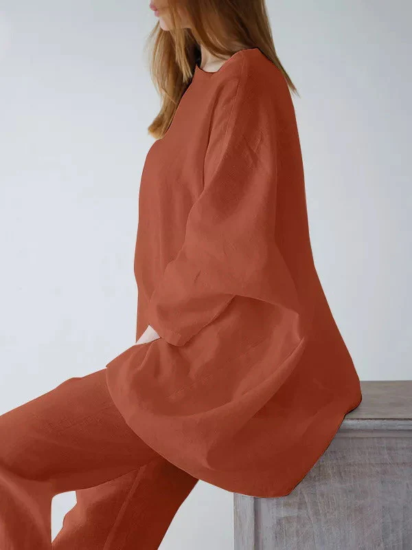 Casual Loose Long Sleeves Solid Color T-Shirt Top&Pants Two Pieces Set - Image 5