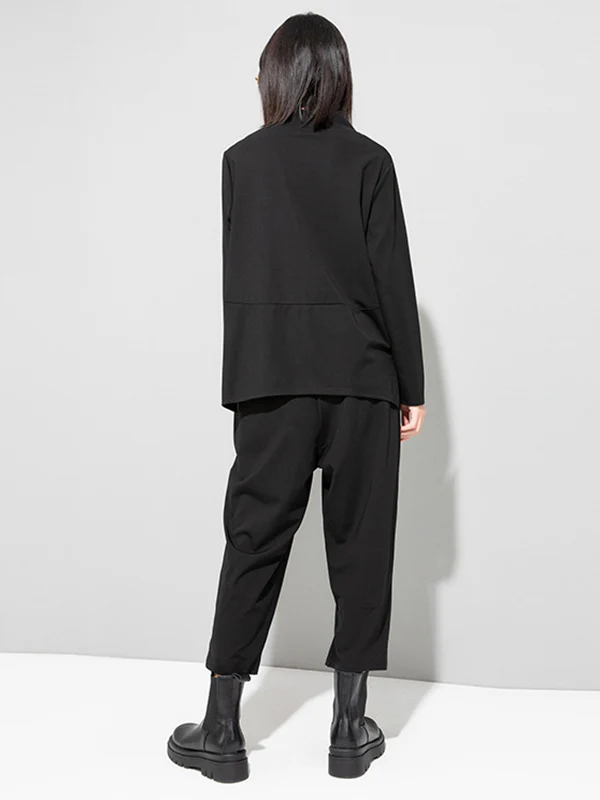 Casual Loose Long Sleeves Split-Joint Solid Color Stand Collar T-Shirts Tops - Image 10