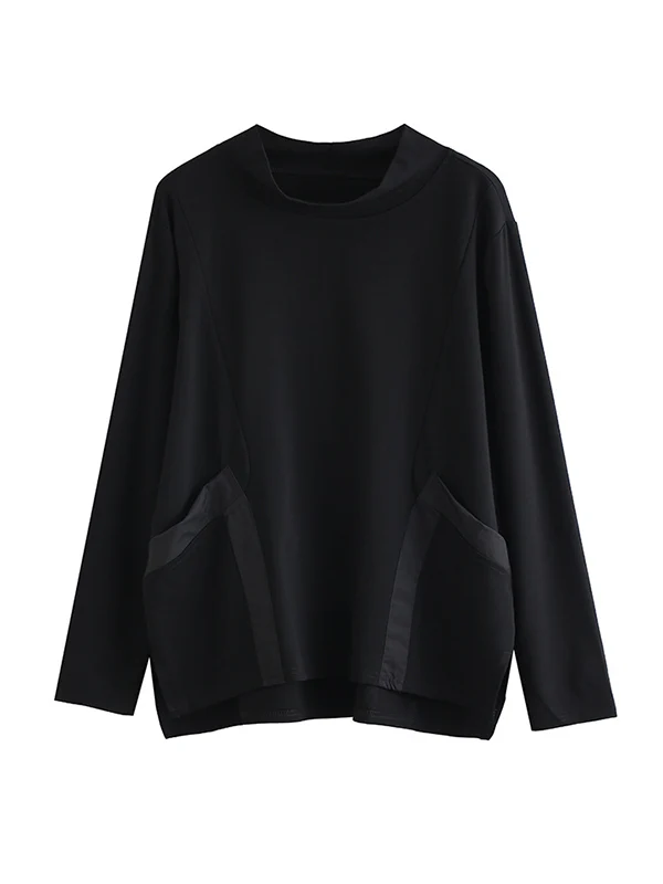 Casual Loose Long Sleeves Split-Joint Solid Color Stand Collar T-Shirts Tops - Image 11