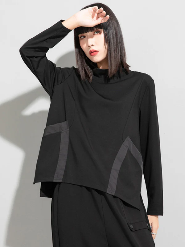 Casual Loose Long Sleeves Split-Joint Solid Color Stand Collar T-Shirts Tops - Image 2