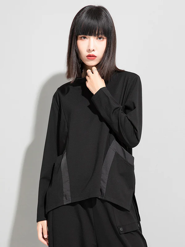 Casual Loose Long Sleeves Split-Joint Solid Color Stand Collar T-Shirts Tops - Image 3