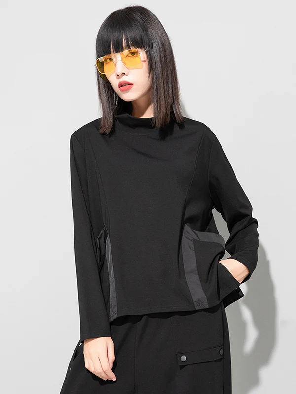 Casual Loose Long Sleeves Split-Joint Solid Color Stand Collar T-Shirts Tops - Image 4