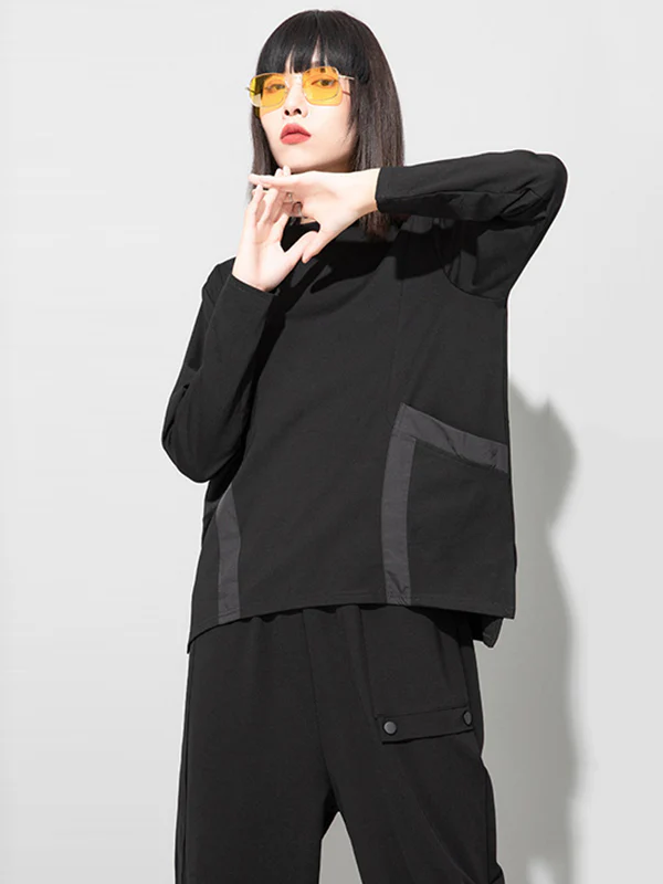 Casual Loose Long Sleeves Split-Joint Solid Color Stand Collar T-Shirts Tops - Image 5
