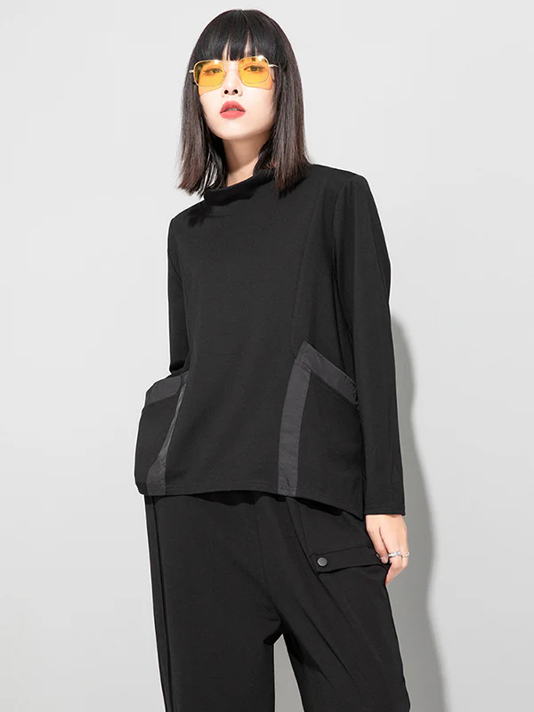 Casual Loose Long Sleeves Split-Joint Solid Color Stand Collar T-Shirts Tops - Image 6