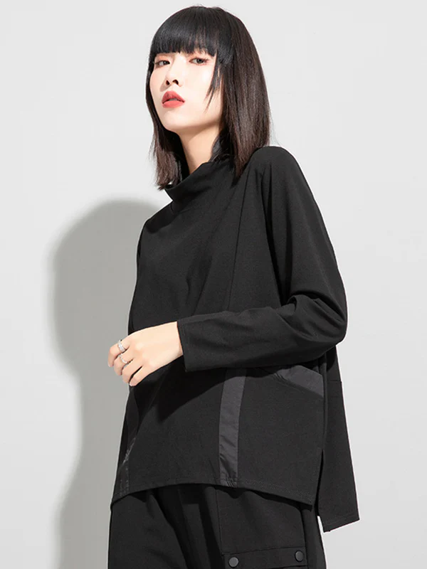 Casual Loose Long Sleeves Split-Joint Solid Color Stand Collar T-Shirts Tops - Image 7