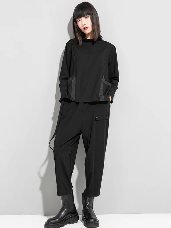 Casual Loose Long Sleeves Split-Joint Solid Color Stand Collar T-Shirts Tops - Image 8