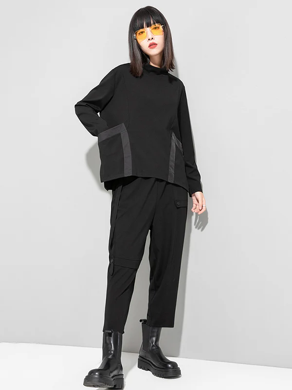 Casual Loose Long Sleeves Split-Joint Solid Color Stand Collar T-Shirts Tops - Image 9
