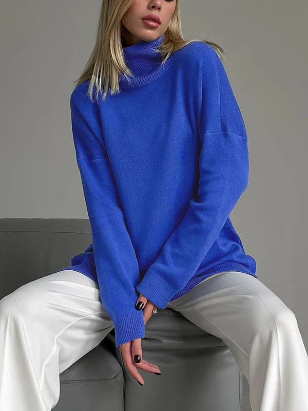 Casual Loose Long Sleeves Split-Side Solid Color High-Neck Sweater Tops - Image 2