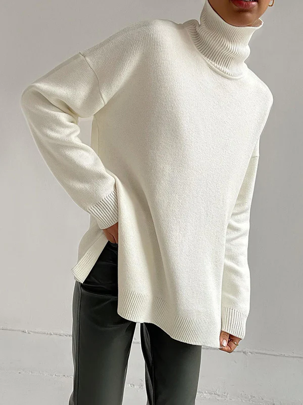 Casual Loose Long Sleeves Split-Side Solid Color High-Neck Sweater Tops - Image 3