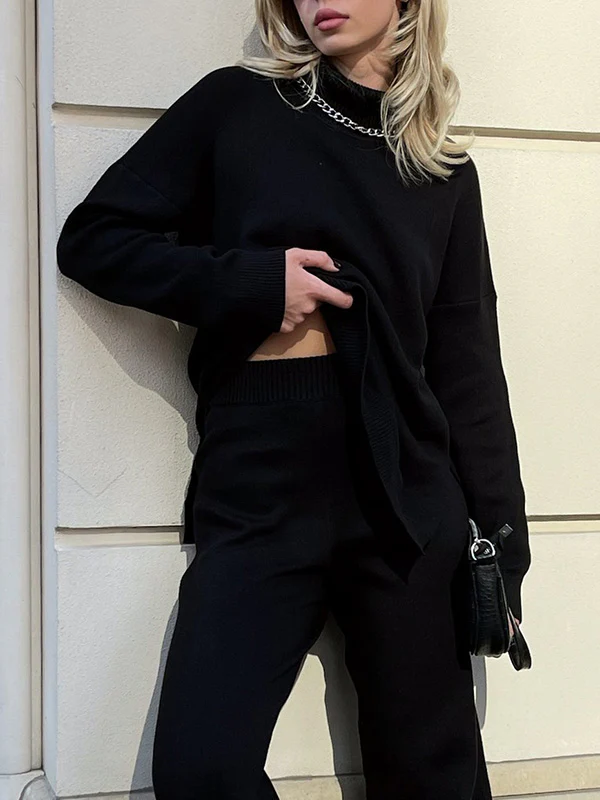 Casual Loose Long Sleeves Split-Side Solid Color High-Neck Sweater Tops - Image 4