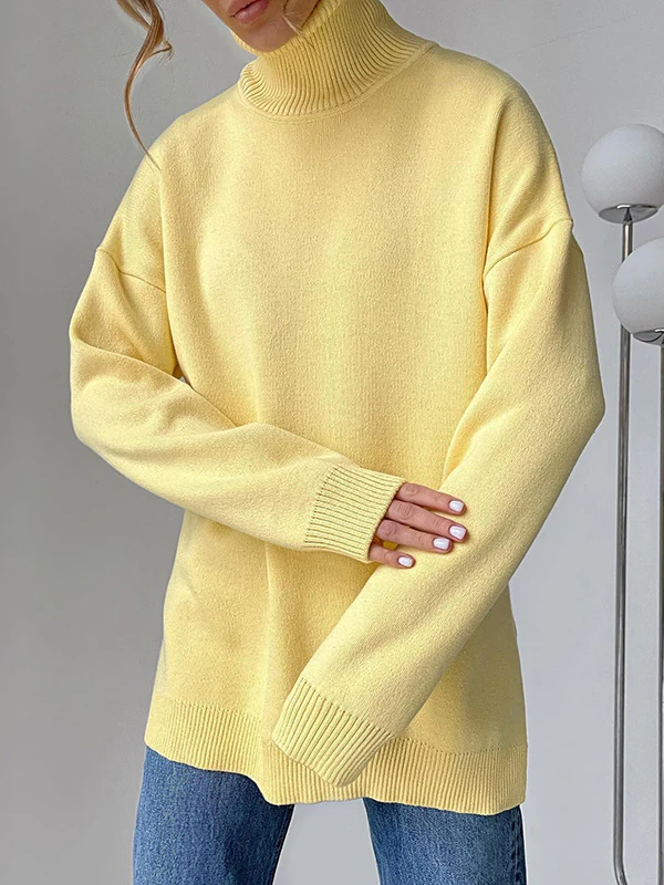 Casual Loose Long Sleeves Split-Side Solid Color High-Neck Sweater Tops - Image 6
