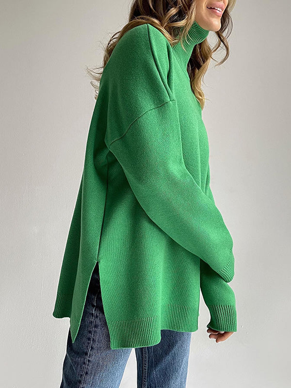 Casual Loose Long Sleeves Split-Side Solid Color High-Neck Sweater Tops - Image 8