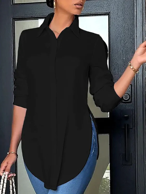 Casual Loose Long Sleeves Split-Side Solid Color Polo Blouses&Shirts Tops - Image 2