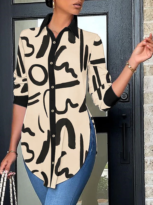 Casual Loose Long Sleeves Striped Printed Split-Side Polo Blouses&Shirts Tops - Image 2