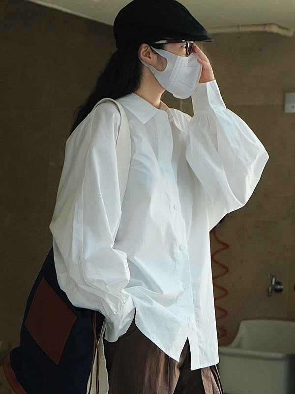 Casual Loose Puff Sleeves Solid Color Lapel Blouses - Image 10