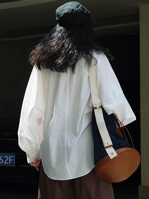 Casual Loose Puff Sleeves Solid Color Lapel Blouses - Image 12