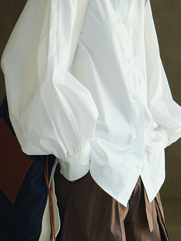 Casual Loose Puff Sleeves Solid Color Lapel Blouses - Image 14