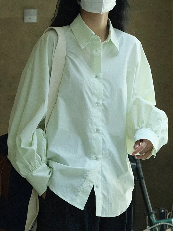 Casual Loose Puff Sleeves Solid Color Lapel Blouses - Image 15