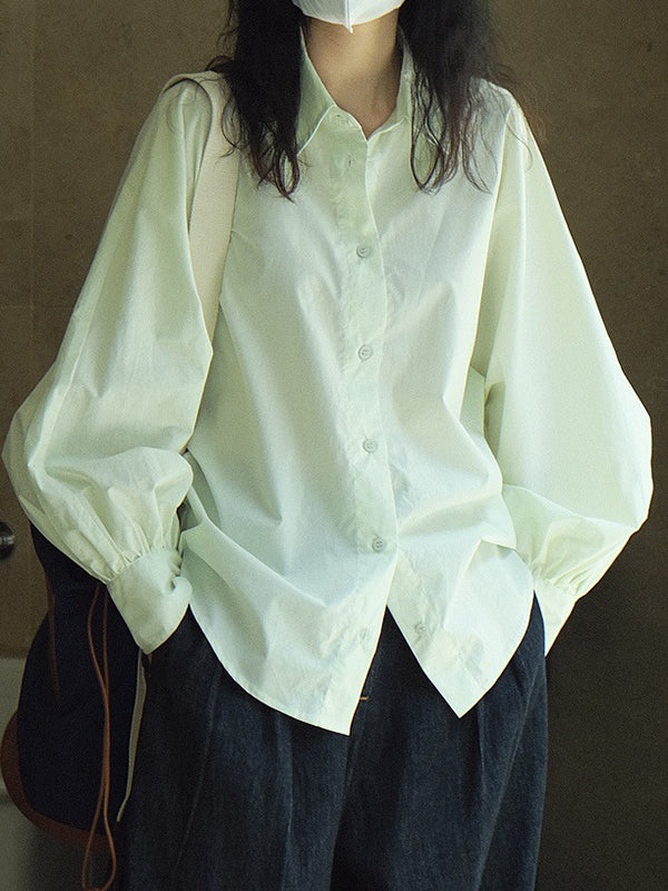 Casual Loose Puff Sleeves Solid Color Lapel Blouses - Image 2