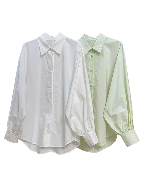 Casual Loose Puff Sleeves Solid Color Lapel Blouses - Image 21