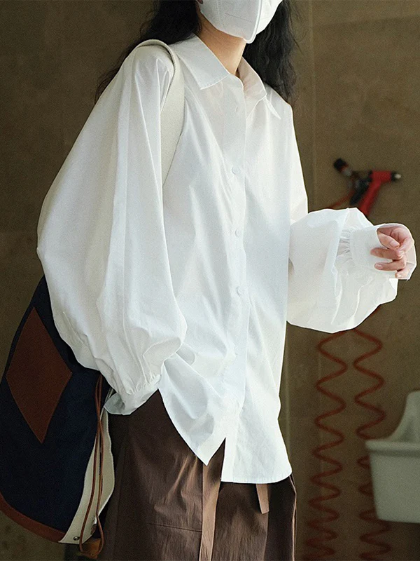 Casual Loose Puff Sleeves Solid Color Lapel Blouses - Image 3
