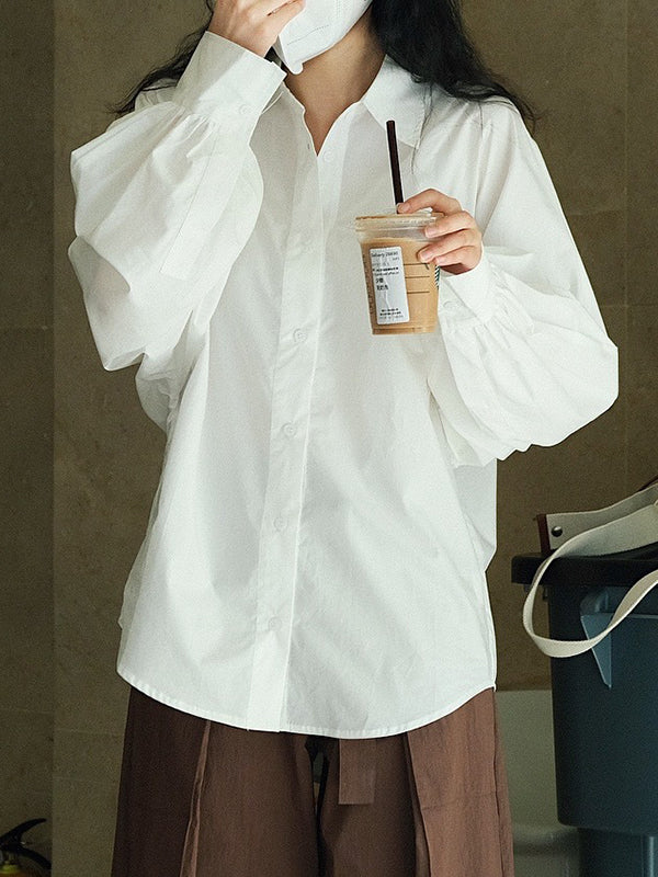 Casual Loose Puff Sleeves Solid Color Lapel Blouses - Image 4