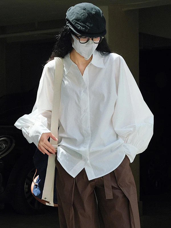 Casual Loose Puff Sleeves Solid Color Lapel Blouses - Image 5