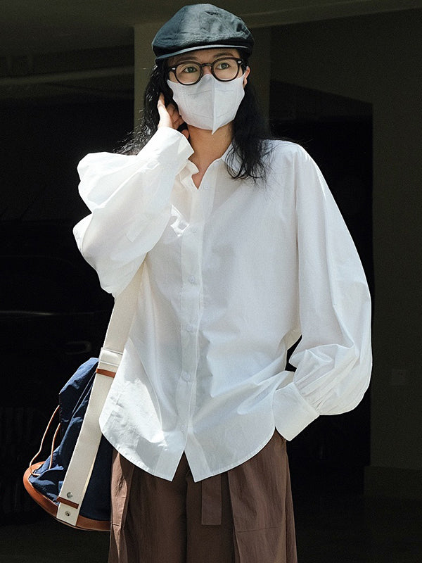 Casual Loose Puff Sleeves Solid Color Lapel Blouses - Image 6