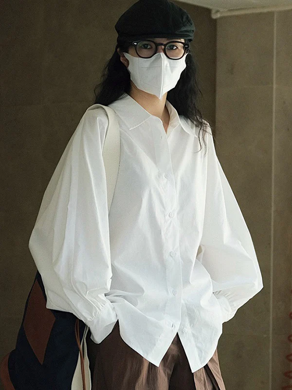 Casual Loose Puff Sleeves Solid Color Lapel Blouses - Image 7