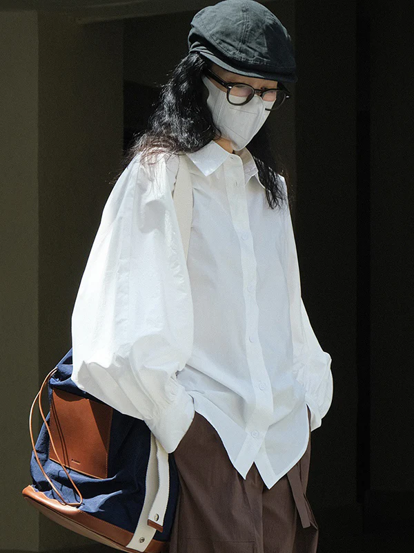 Casual Loose Puff Sleeves Solid Color Lapel Blouses - Image 8