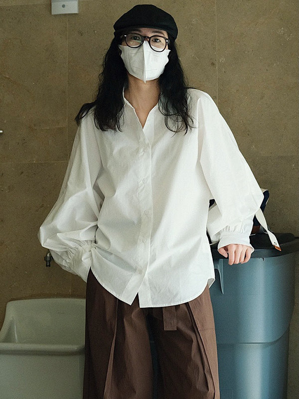 Casual Loose Puff Sleeves Solid Color Lapel Blouses - Image 9