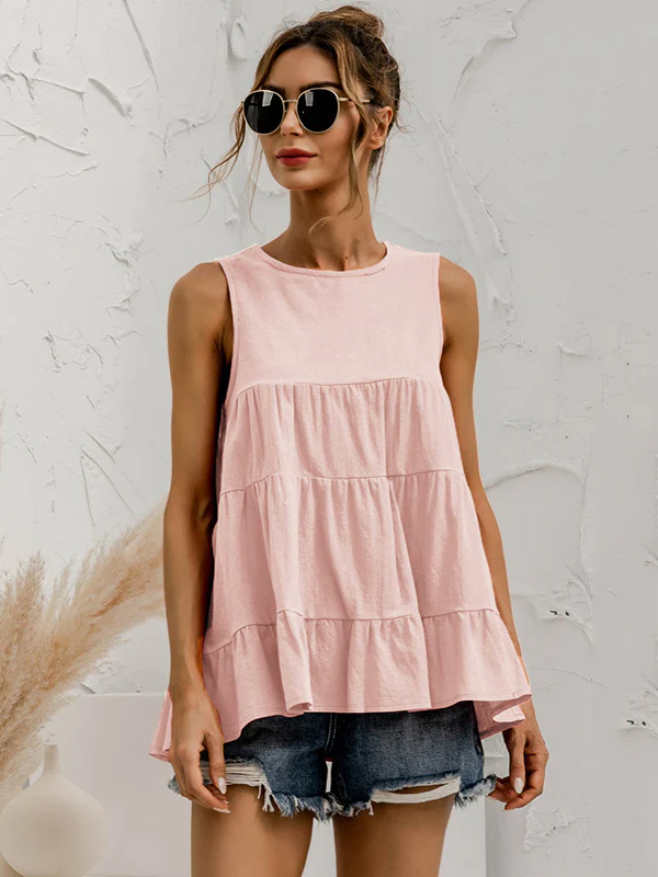 Casual Loose Sleeveless Split-Joint Solid Color Round-Neck Vest Top - Image 2