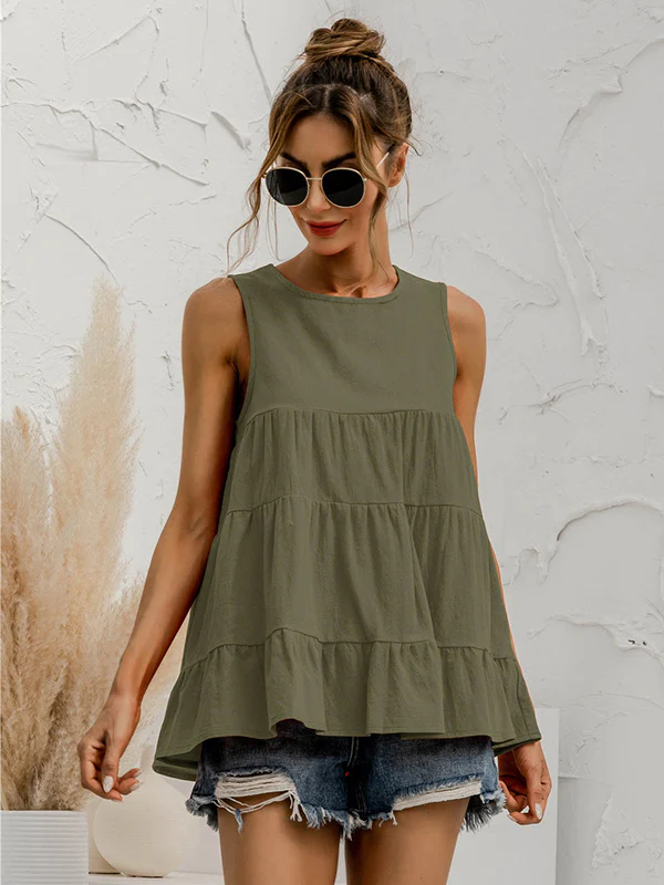 Casual Loose Sleeveless Split-Joint Solid Color Round-Neck Vest Top - Image 3