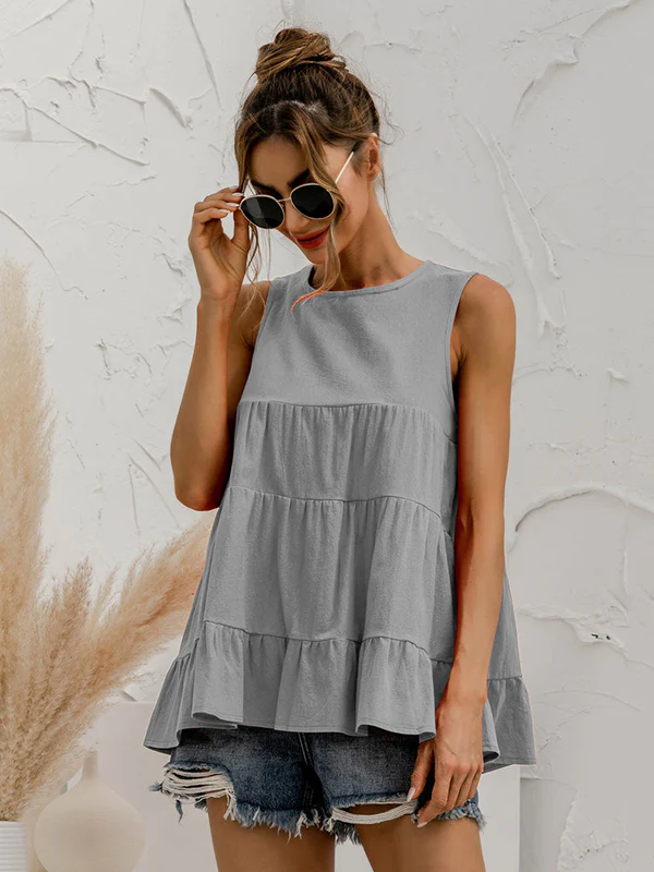 Casual Loose Sleeveless Split-Joint Solid Color Round-Neck Vest Top - Image 4