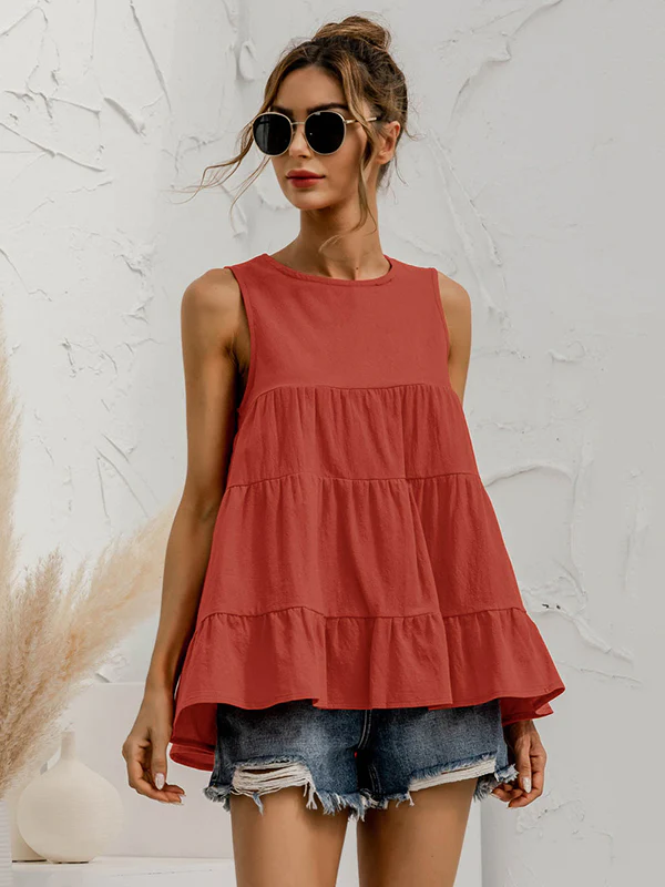 Casual Loose Sleeveless Split-Joint Solid Color Round-Neck Vest Top - Image 5