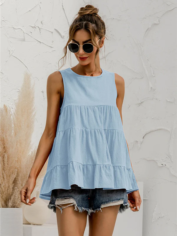 Casual Loose Sleeveless Split-Joint Solid Color Round-Neck Vest Top - Image 6