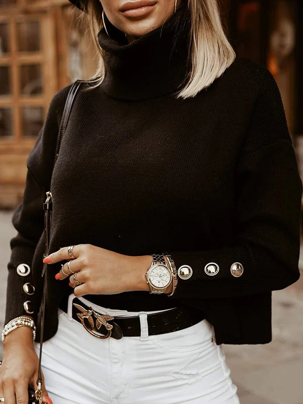 Casual Loose Solid Color High-Neck Long Sleeves Knitwear - Image 2