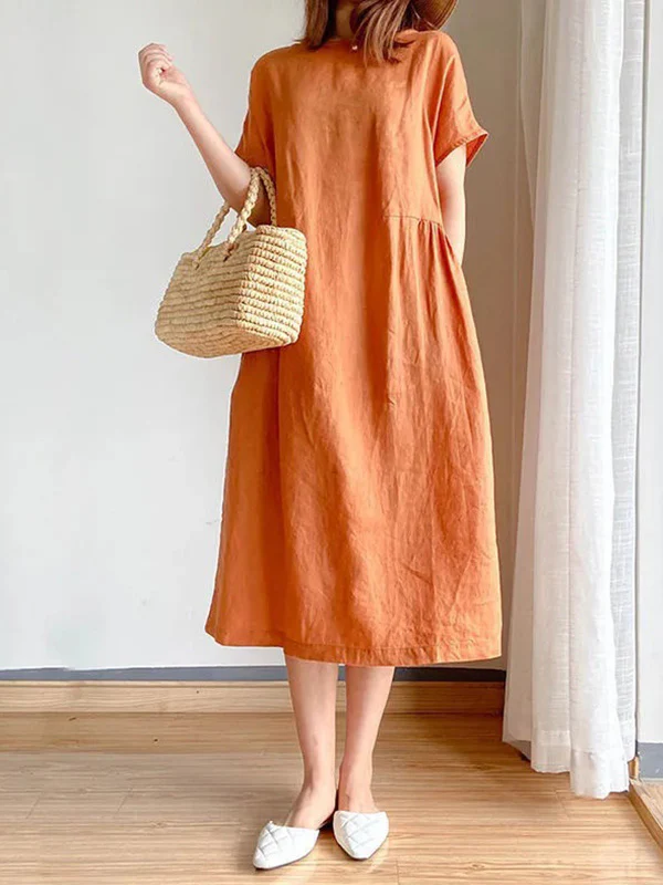 Casual Loose Solid Color Round-Neck Midi Dresses - Image 10