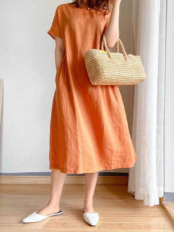 Casual Loose Solid Color Round-Neck Midi Dresses - Image 11