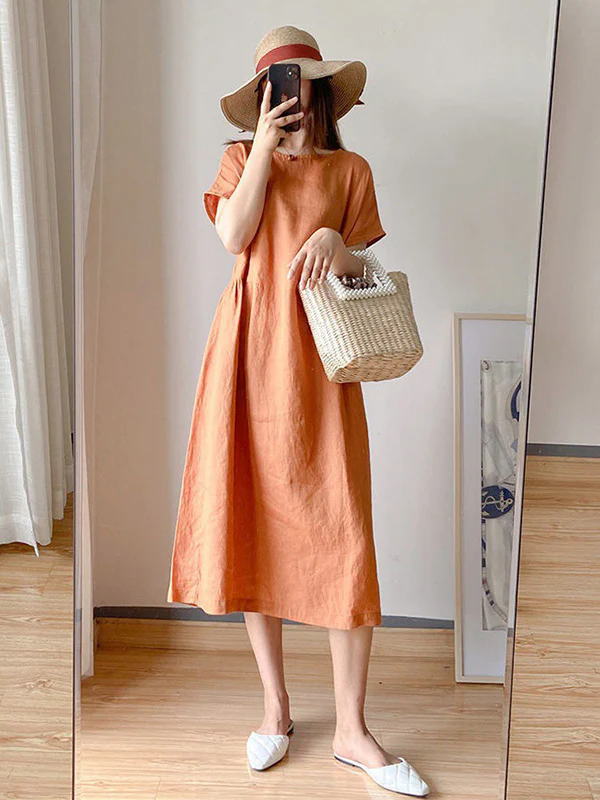 Casual Loose Solid Color Round-Neck Midi Dresses - Image 12