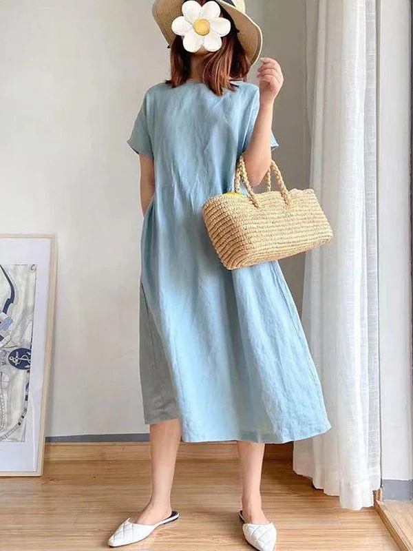 Casual Loose Solid Color Round-Neck Midi Dresses - Image 13