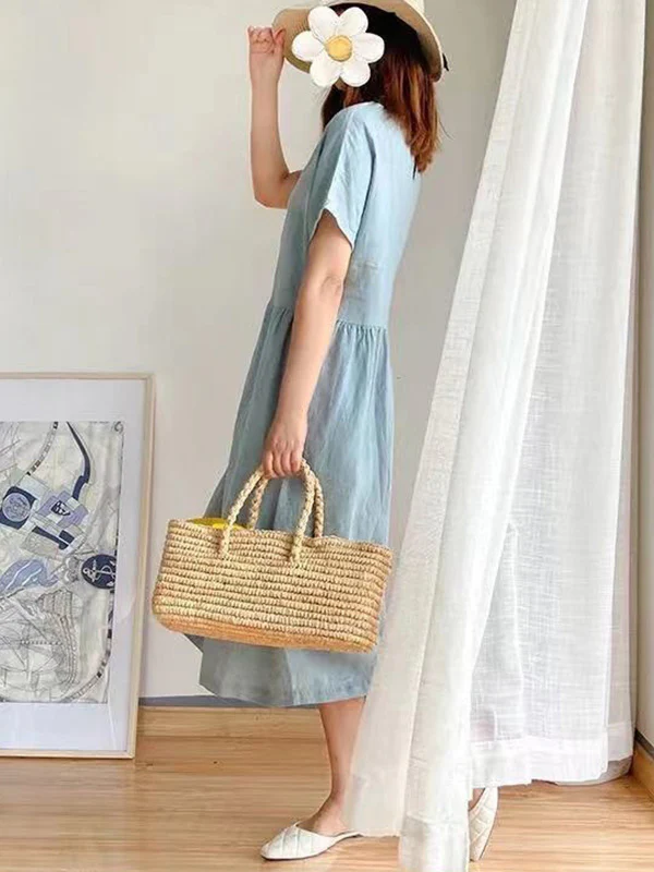 Casual Loose Solid Color Round-Neck Midi Dresses - Image 14