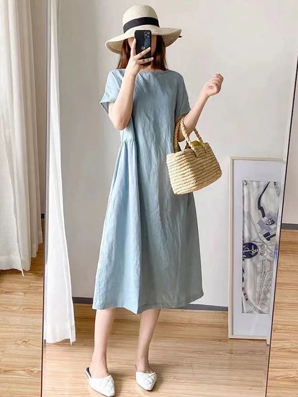 Casual Loose Solid Color Round-Neck Midi Dresses - Image 15