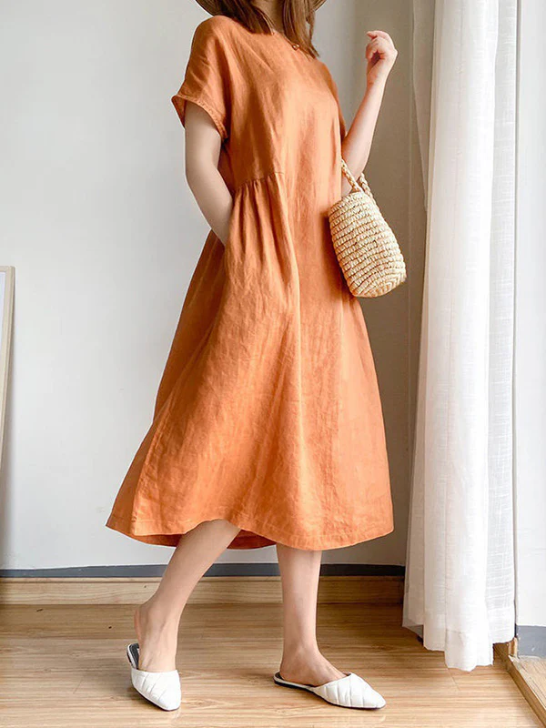 Casual Loose Solid Color Round-Neck Midi Dresses - Image 2