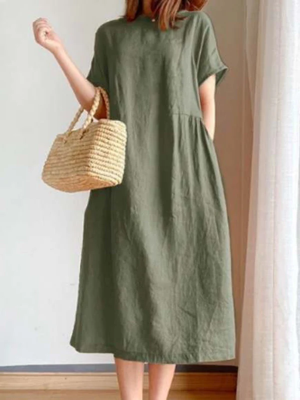 Casual Loose Solid Color Round-Neck Midi Dresses - Image 3