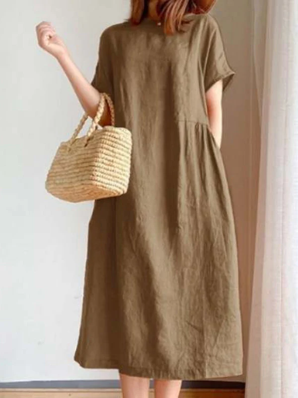 Casual Loose Solid Color Round-Neck Midi Dresses - Image 4