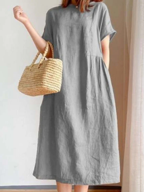 Casual Loose Solid Color Round-Neck Midi Dresses - Image 5