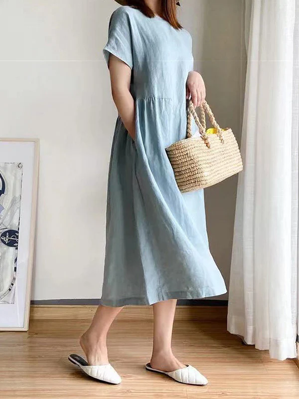 Casual Loose Solid Color Round-Neck Midi Dresses - Image 6
