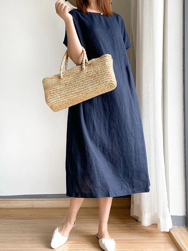Casual Loose Solid Color Round-Neck Midi Dresses - Image 7